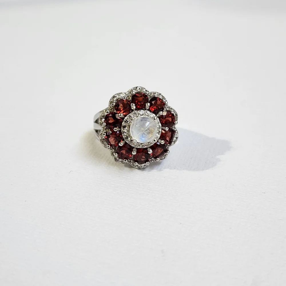 VTG Custom Garnet, Rainbow Moonstone & Zircon 925 Ring Sz 6 - Picture 7 of 13